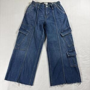 Forever 21 Premium Womens Vintage Style Cargo Jeans Size 27 Wide Leg Raw Hem Y2K